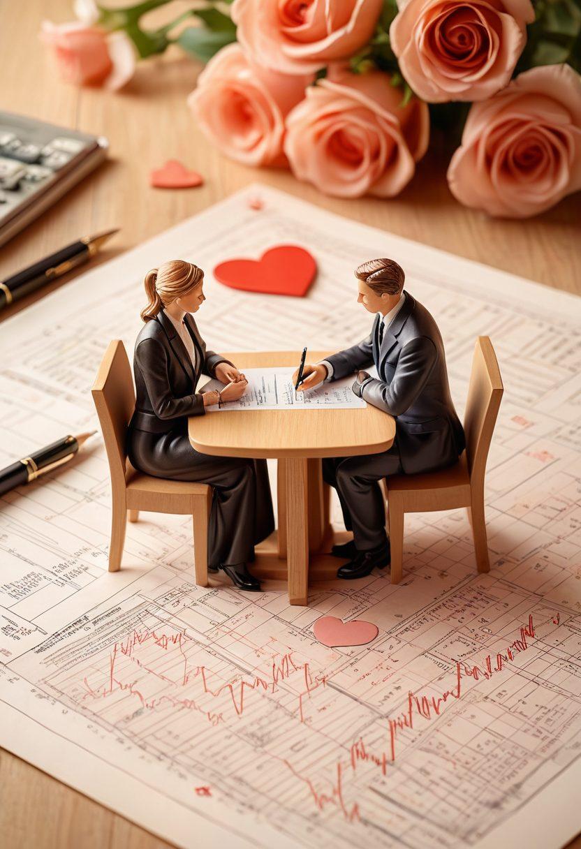 A couple sitting together at a table, overlaying a heart shape with financial blueprints and a calculator, symbolizing their joint planning for a romantic future. Soft, warm colors in the background to represent love and comfort, while graph lines and financial charts elegantly intertwine with flowers and hearts. The scene conveys harmony between romance and financial planning. super-realistic. warm colors. soft focus.