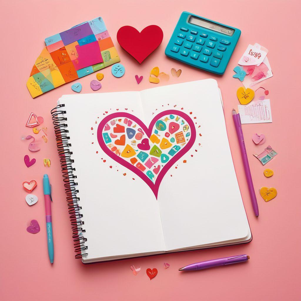 A whimsical illustration depicting a heart-shaped budget notebook at the center, surrounded by playful currency symbols, colorful calculators, and affectionate couples discussing finances. In the background, a blend of vibrant graphs and warm, heart-themed elements to symbolize love and budgeting harmoniously coexisting. The scene should evoke a sense of warmth, care, and financial synergy. vector art. vibrant colors.
