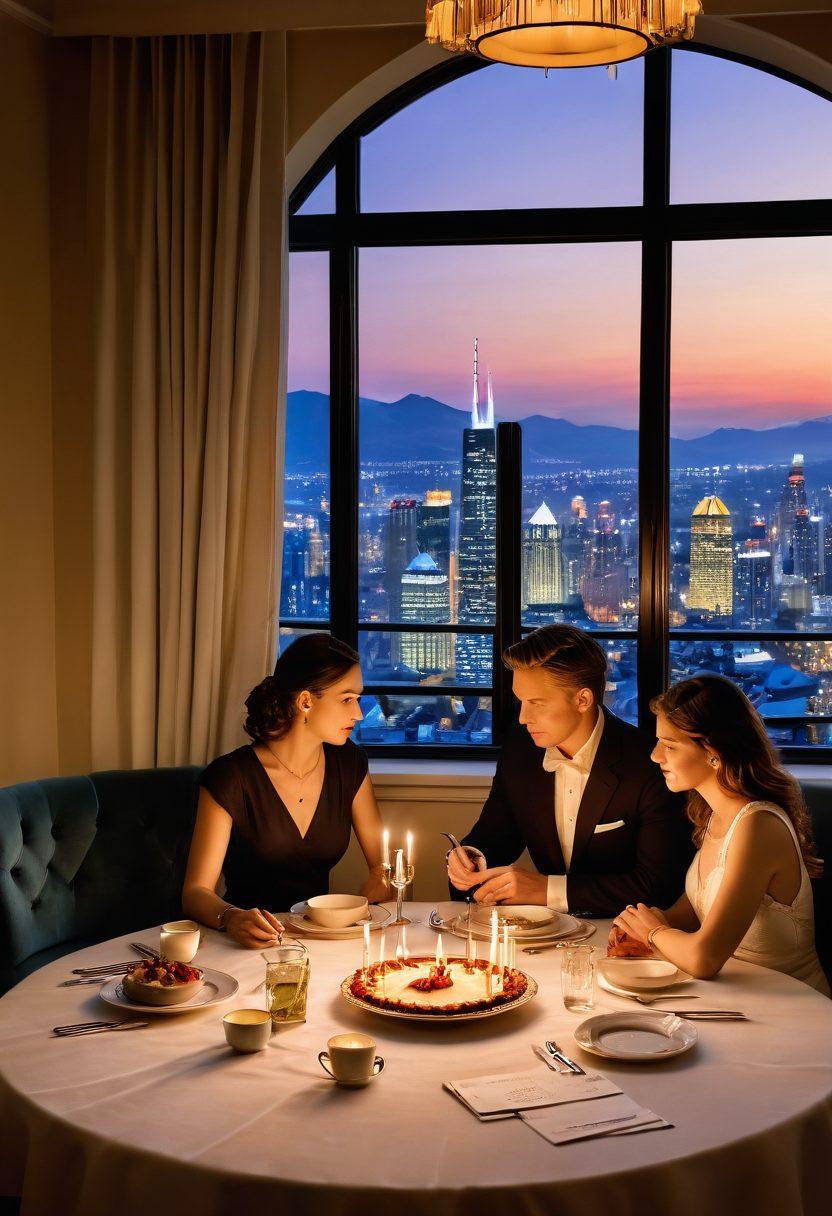 An elegant couple discussing finances over a beautifully set dinner table, surrounded by financial documents and a heart-shaped pie chart symbolizing love and wealth. In the background, a soft glow from candles illustrates warmth and intimacy, while a window shows a skyline of a thriving city representing future possibilities. The atmosphere combines romance with ambition. super-realistic. warm colors. soft lighting.